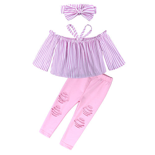 Kids Baby Girl stripe Off Shoulder Hanging neck Top + pink hole pants Outfits Clothes Summer 3Pcs Kid Girls Clothing Set Dtz376