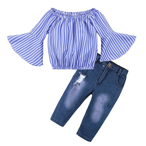 Kids Baby Girl stripe Off Shoulder Hanging neck Top + pink hole pants Outfits Clothes Summer 3Pcs Kid Girls Clothing Set Dtz376